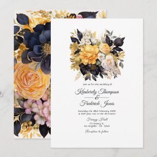 Schwarz-Gold-Blumenhochzeit Einladung