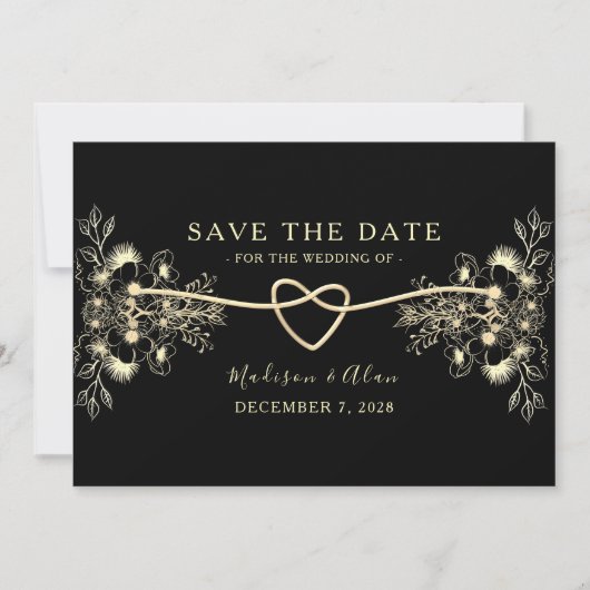 Schwarz-Gold-Blumenhochzeit Save The Date (Vorderseite)