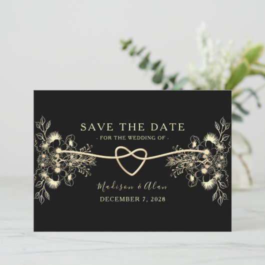 Schwarz-Gold-Blumenhochzeit Save The Date (Stehend Vorderseite)