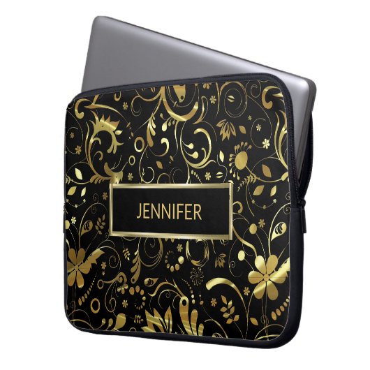 Schwarz-Gold-Blumenmuster Laptopschutzhülle (Vorderseite Links)