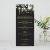 Schwarz-Gold-Blumenstrauß-Lichter Hochzeitsessen Menükarte (Stehend Vorderseite)