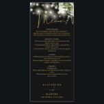 Schwarz-Gold-Blumenstrauß-Lichter Hochzeitsessen Menükarte<br><div class="desc">Dieses elegante Schwarz-Gold-Blumenstrauß-Leuchtenmenü kann mit Ihren Informationen in der schicken Typografie personalisiert werden,  mit Ihren Monogramm-Initialen auf der Rückseite. Entwickelt von Thisisnotme©</div>