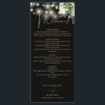 Schwarz-Gold-Blumenstrauß-Lichter Hochzeitsessen Menükarte<br><div class="desc">Dieses elegante Schwarz-Gold-Blumenstrauß-Leuchtenmenü kann mit Ihren Informationen in der schicken Typografie personalisiert werden,  mit Ihren Monogramm-Initialen auf der Rückseite. Entwickelt von Thisisnotme©</div>