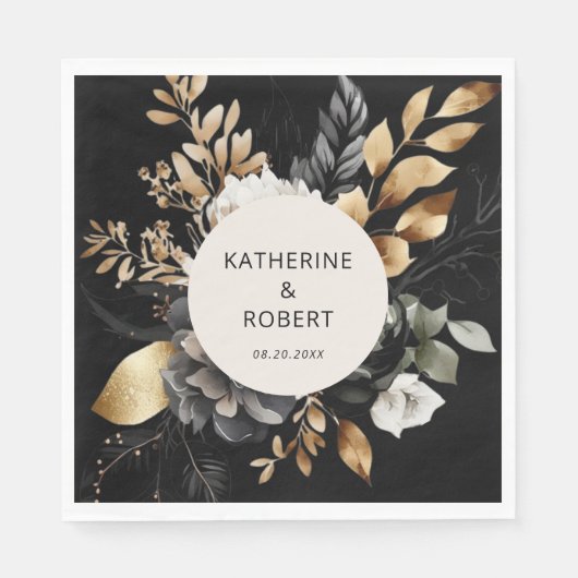 Schwarz-Gold-Blumenzettel Serviette (Vorderseite)