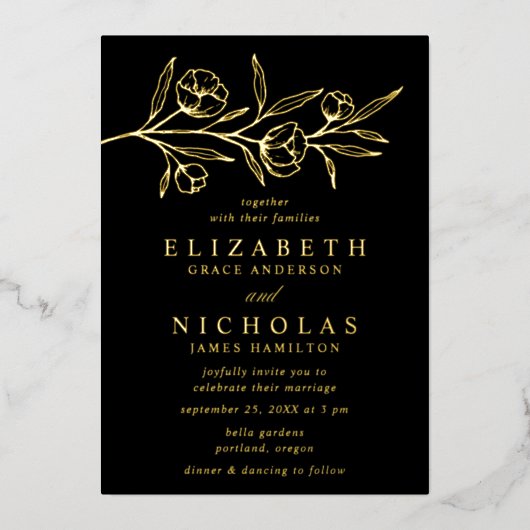 Schwarz-Gold-Blütenhochzeit Folieneinladung (Vorderseite)