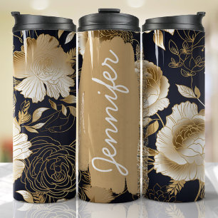 Schwarz-Gold-Blütennamen Eigenes Geschenk Thermosbecher
