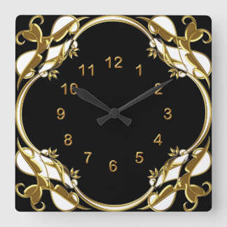 Schwarz-Gold-Blütenwirbel an der Wall-Uhr Quadratische Wanduhr