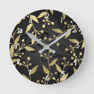 Schwarz & Gold Botanisch Moderne Rustikale Zweige Runde Wanduhr