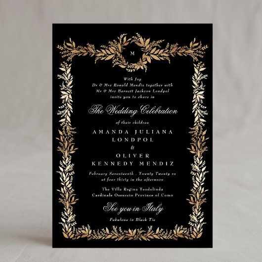 Schwarz-Gold Botanische Rahmen-Monogramm-Hochzeit Einladung