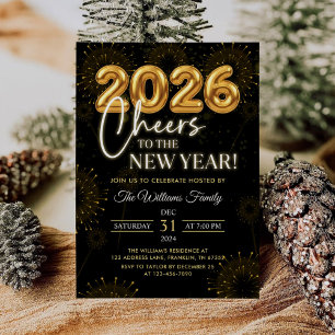 Schwarz-Gold Champagner Prost Neujahrsfeier Einladung