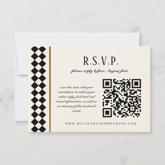 Schwarz-Gold-Checkerboard-Border-Hochzeit online RSVP Karte (Vorderseite)