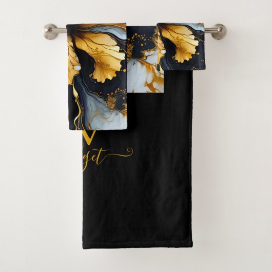 Schwarz-Gold-Chic-Marmor-Blumenstrauß-Badetuch Badhandtuch Set (Insitu)