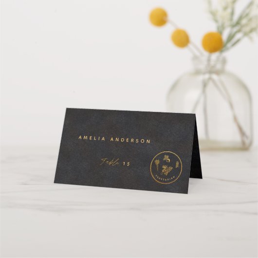 Schwarz-Gold-Chic vegetarische Hochzeitsnahrung Platzkarte (Vorderseite)