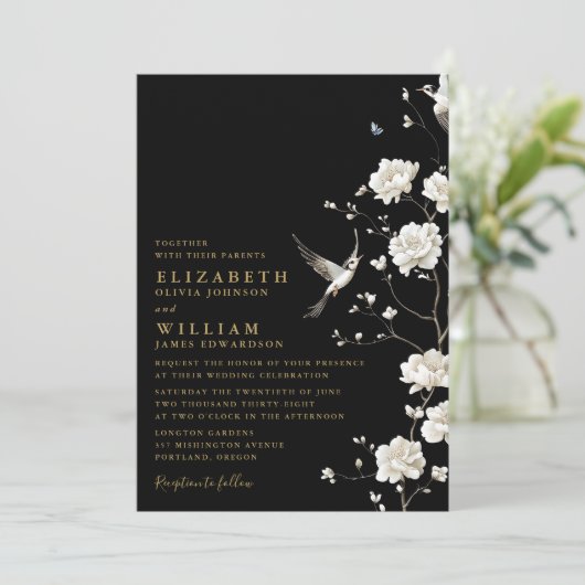 Schwarz-Gold Chinoiserie Blumenzwiebeln Foto Einladung (Stehend Vorderseite)