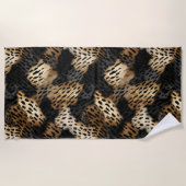 Schwarz Gold Creme Leopard Animal Print Strandtuch (Vorderseite)