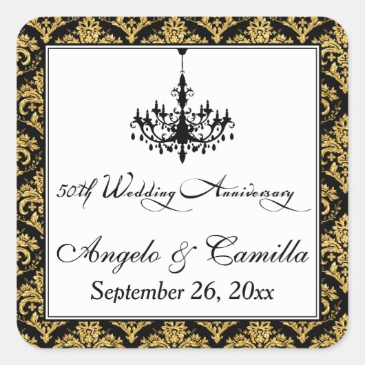 Schwarz, Gold Damask 50. Jubiläumsaufkleber Quadratischer Aufkleber (Vorderseite)