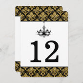 Schwarz, Gold Damask, Kronleuchter-Tischnummer Einladung (Vorne/Hinten)