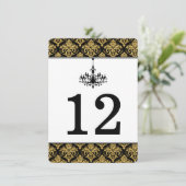 Schwarz, Gold Damask, Kronleuchter-Tischnummer Einladung (Stehend Vorderseite)