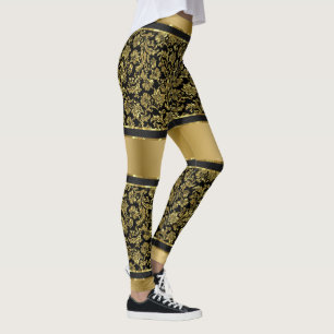 Schwarz-Gold-Damasken und Streifen-Muster Leggings