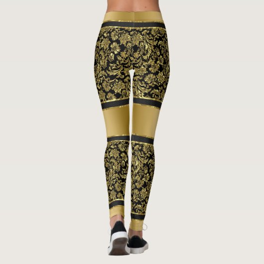 Schwarz-Gold-Damasken und Streifen-Muster Leggings (Rückseite)