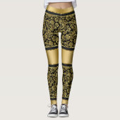 Schwarz-Gold-Damasken und Streifen-Muster Leggings (Vorderseite)