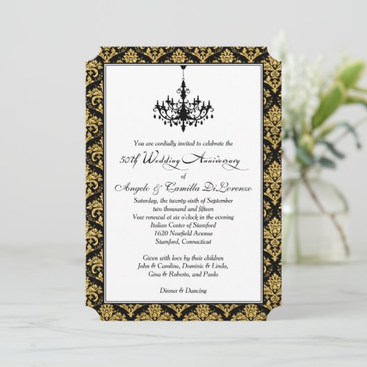 Schwarz, Gold Damaskus, Kronleuchter, 50 Jahre alt Einladung (Stehend Vorderseite)