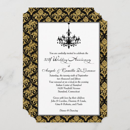 Schwarz, Gold Damaskus, Kronleuchter, 50 Jahre alt Einladung (Vorne/Hinten)