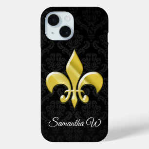Schwarz/Gold-Damaskus-Lilie iPhone 15 Hülle