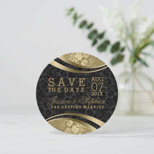 Schwarz-Gold-Damaskus-Wirbel Save the Date (Stehend Vorderseite)