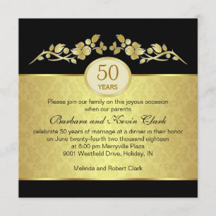 Schwarz & Gold, Damast 50. Hochzeitstag Einladung
