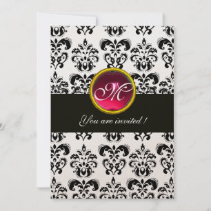 SCHWARZ-GOLD-DAMAST-MONOGRAMM, rot Rubin, Fuchsie Einladung