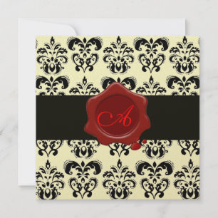 SCHWARZ-GOLD-DAMAST, ROTE WACHS-SIEGEL-MONOGRAMM EINLADUNG