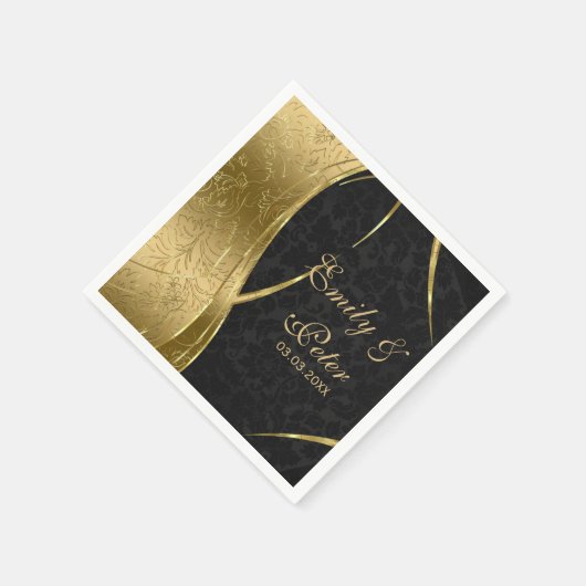 Schwarz-Gold-Damast-Save the Date Serviette (Ecke)