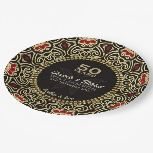Schwarz+Gold Dekor Moderner Damaskus 50 Jahre Pappteller (Schrägansicht)