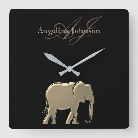 Schwarz-Gold-Elefant Mit Monogramm Quadratische Wanduhr (Vorderseite)