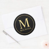 Schwarz-Gold-Elegant-Monogramm Runder Aufkleber (Umschlag)