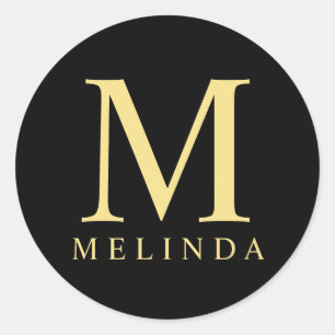 Schwarz-Gold-Elegant-Monogramm Runder Aufkleber