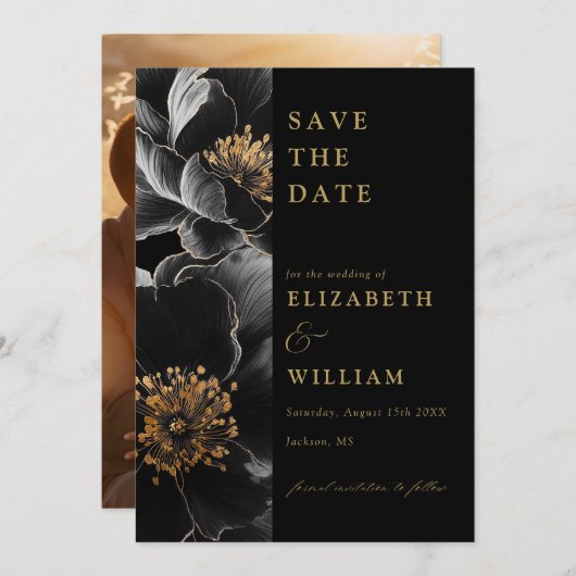 Schwarz-Gold-Elegante Foto Hochzeit Save The Date (Vorne/Hinten)