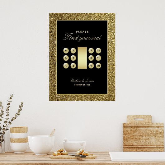 Schwarz-Gold-elegante Hochzeitssattelkarte Poster (Küche)