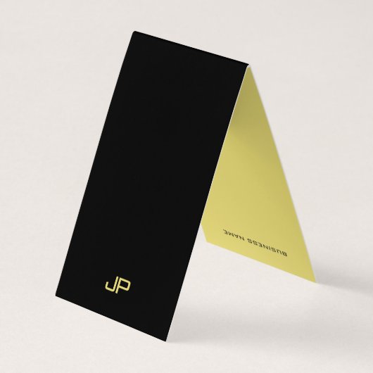 Schwarz & Gold Elegante Moderne Monogram Zelt Falt Visitenkarten (Rückseite)