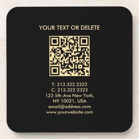 Schwarz-Gold-Elegante moderne Vorlage QR-Code Getränkeuntersetzer (Vorderseite)