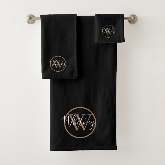 Schwarz-Gold-elegante Script-Monogramm Badhandtuch Set (Insitu)