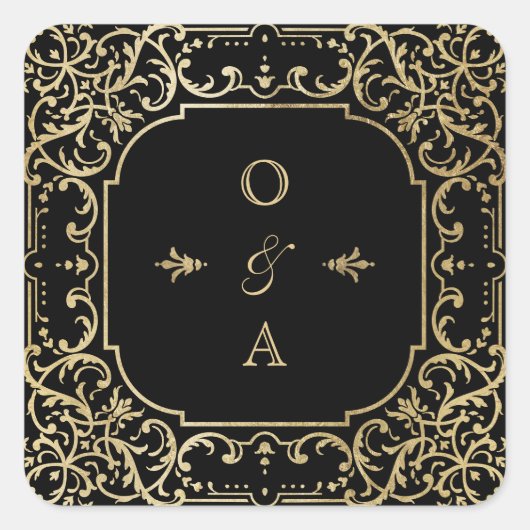 Schwarz & Gold elegante Vintage Hochzeit Monogramm Quadratischer Aufkleber (Vorderseite)