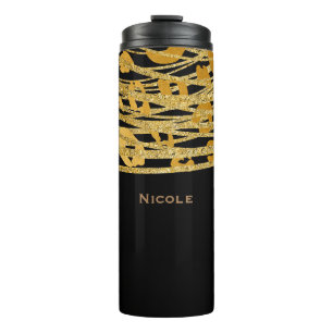 Schwarz & Gold Eleganter Glitter Leoparden Gepard  Thermosbecher