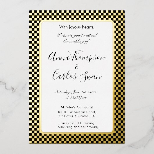 Schwarz-Gold-eleganter karierter Marmor Folieneinladung (Vorderseite)