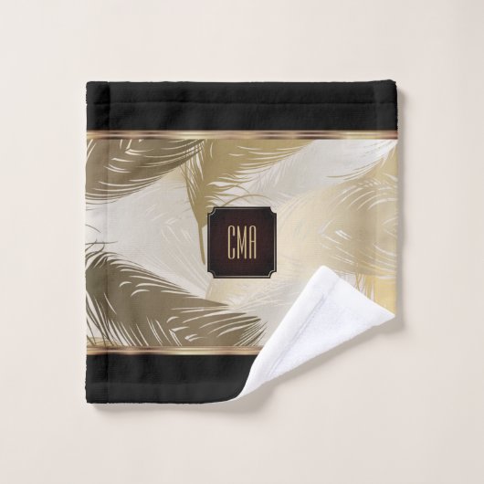 Schwarz-Gold-Federmuster mit Monogramm Badhandtuch Set (Waschlappen)