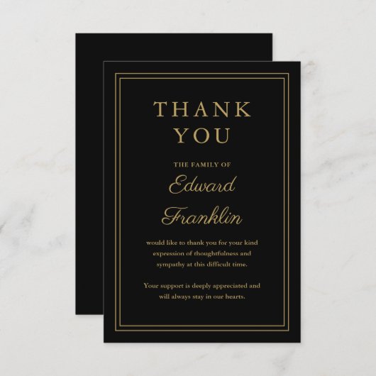 Schwarz-Gold-Feier zur Beerdigung des Lebens Dankeskarte (Vorne/Hinten)