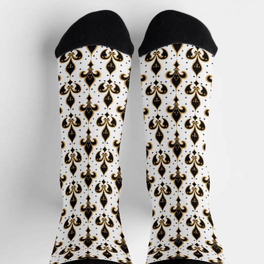 Schwarz-Gold-Fleur-de-lis-Muster Socken (Oben)