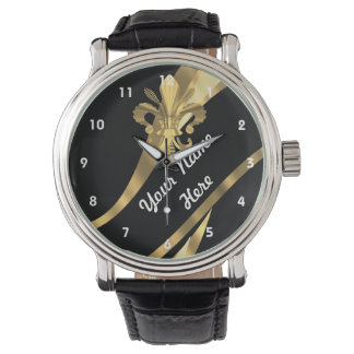 Schwarz-Gold-Flex de lys personalisiert Armbanduhr