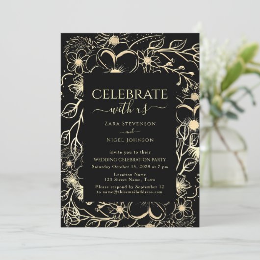 Schwarz-Gold-Flora-Hochzeitsempfang Einladung (Stehend Vorderseite)